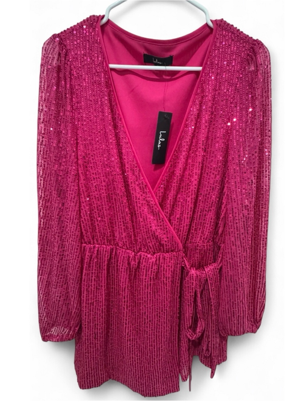 Lulu's Hot Pink Sequin Romper Long-Sleeve Mini Dress